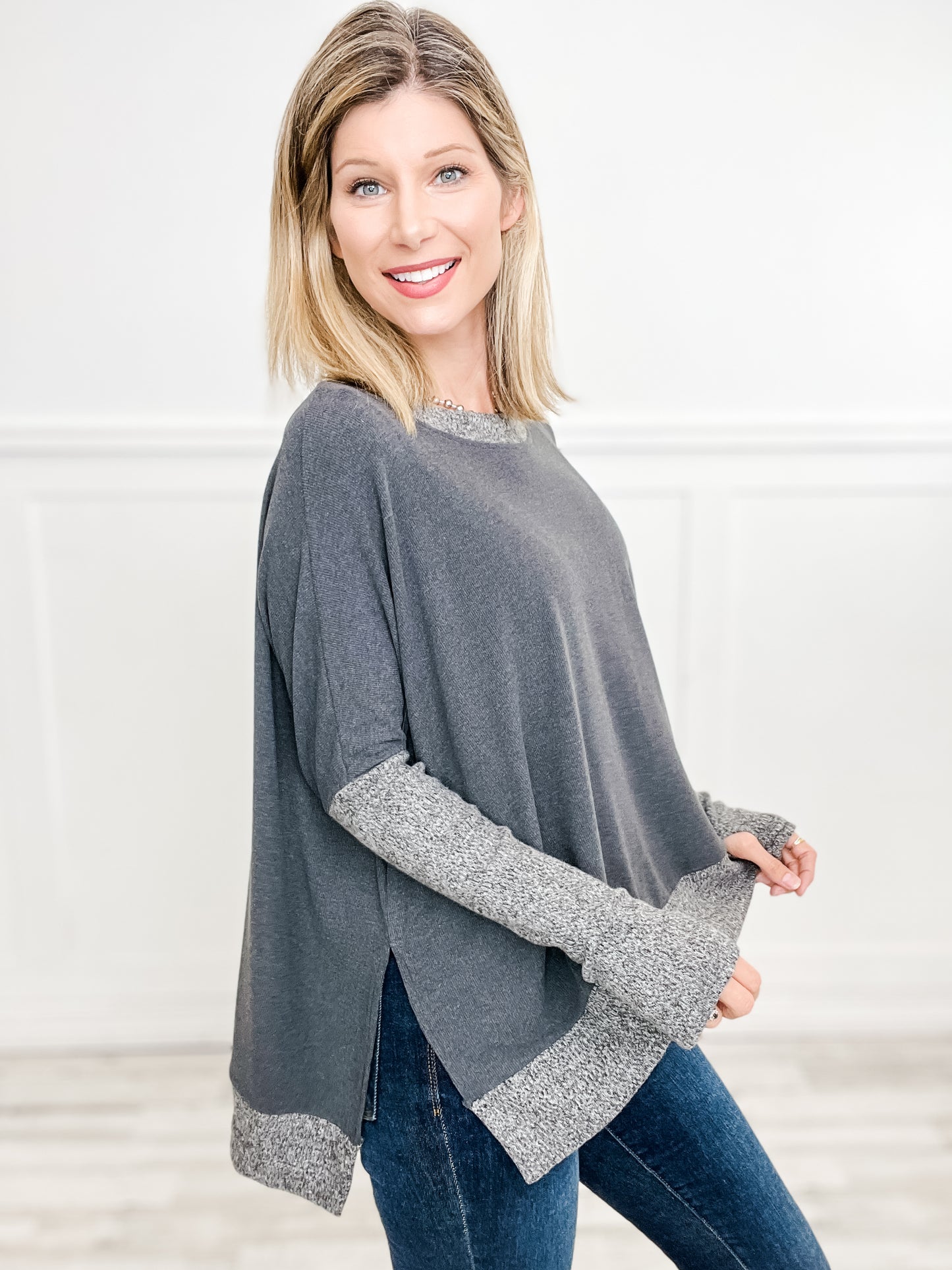 Long Sleeve Top with Hi-Lo Hem and Side Slits