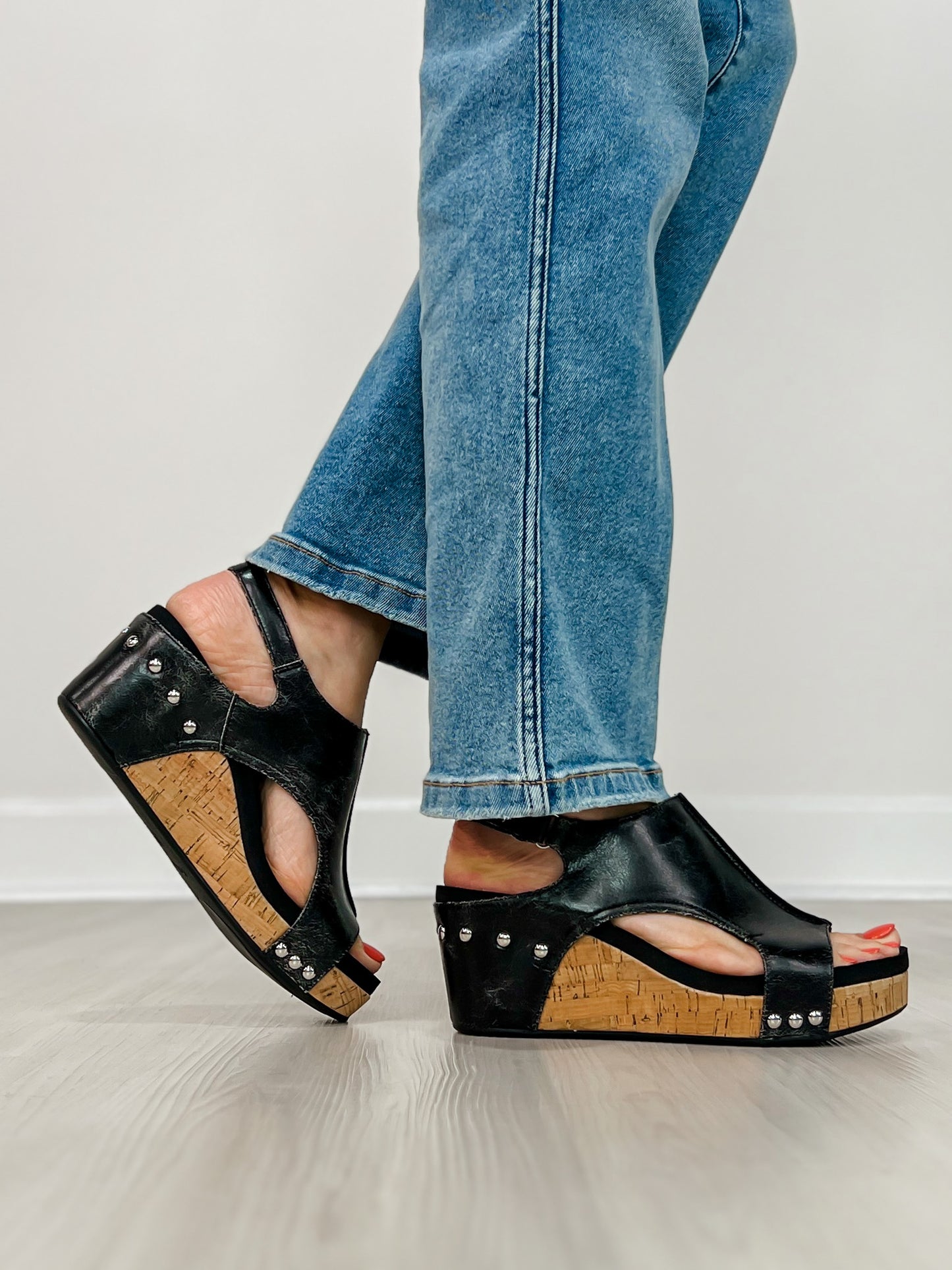 Corkys Carley Wedges in BLACK CRACKLE