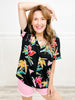 Flower Print V-Neck Boxy Top with Kimono Sleeves