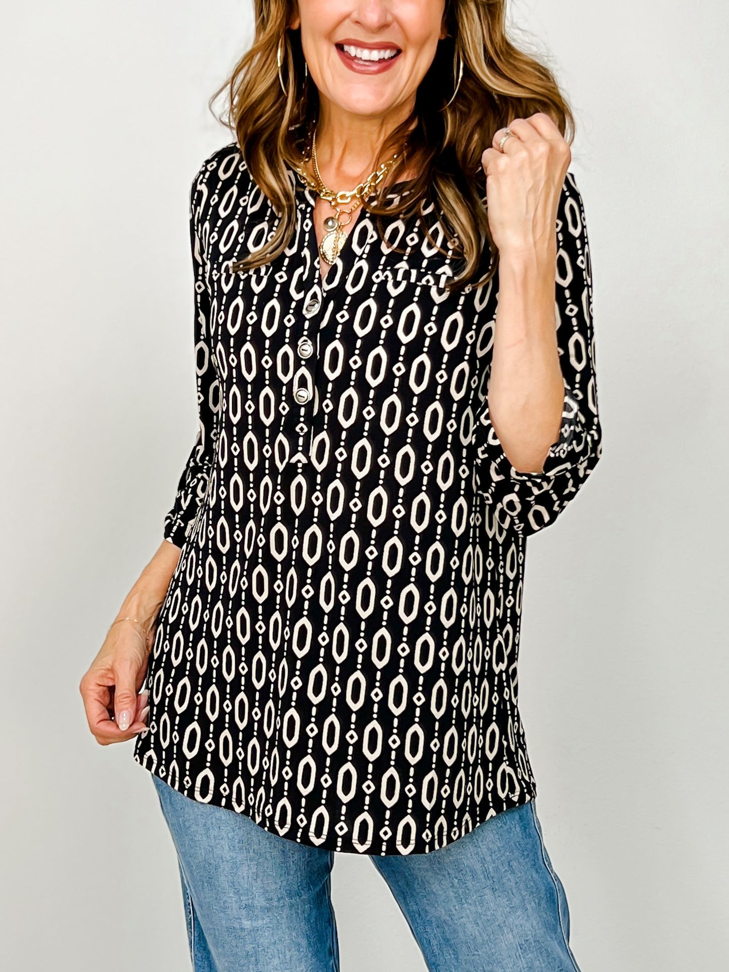 3/4 Sleeve Lizzy Top with 3-Button Neckline in Black Print