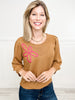 Three Quarter Sleeve Solid Knit Top with Embroidered Floral Accent