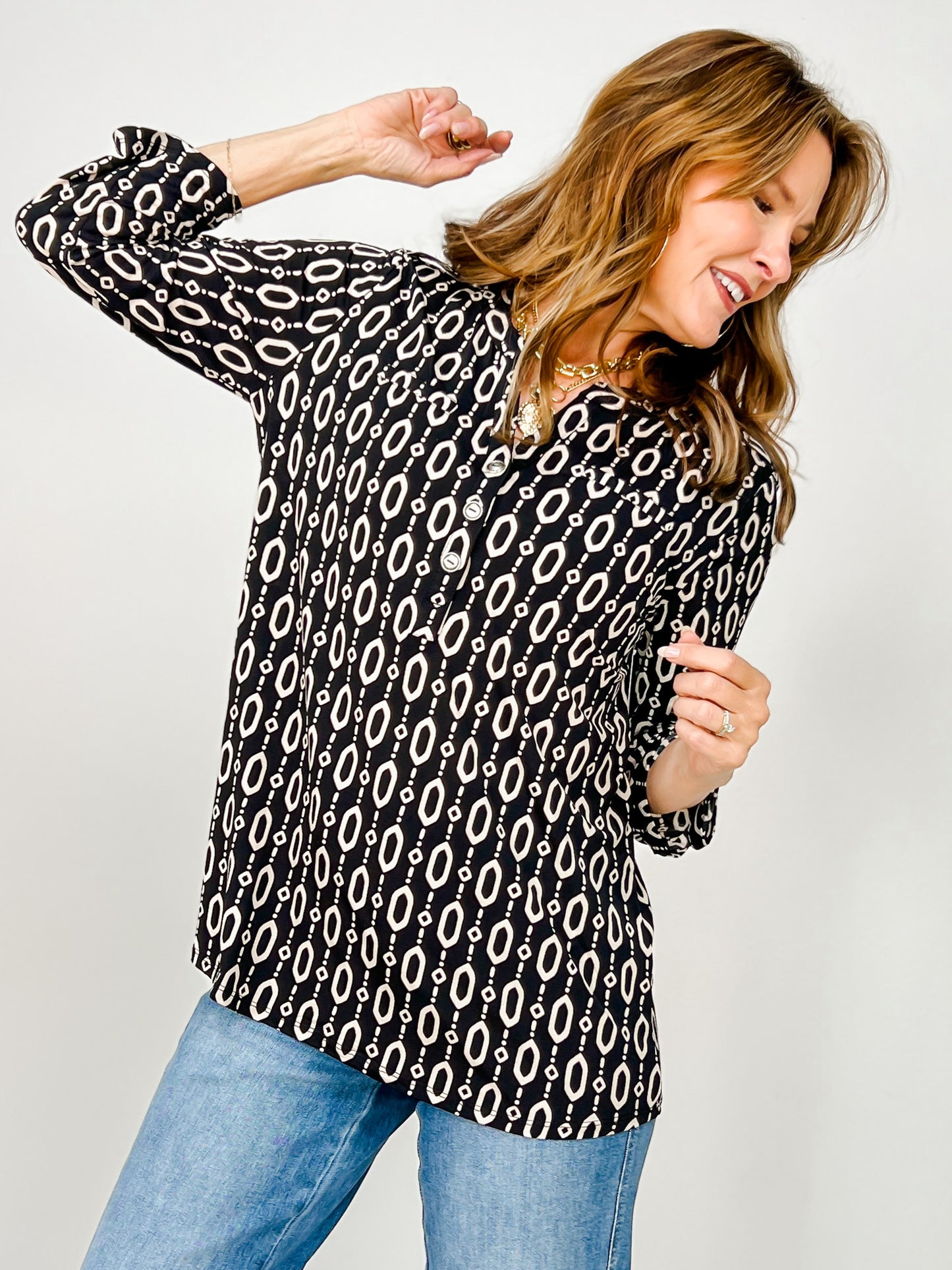 3/4 Sleeve Lizzy Top with 3-Button Neckline in Black Print