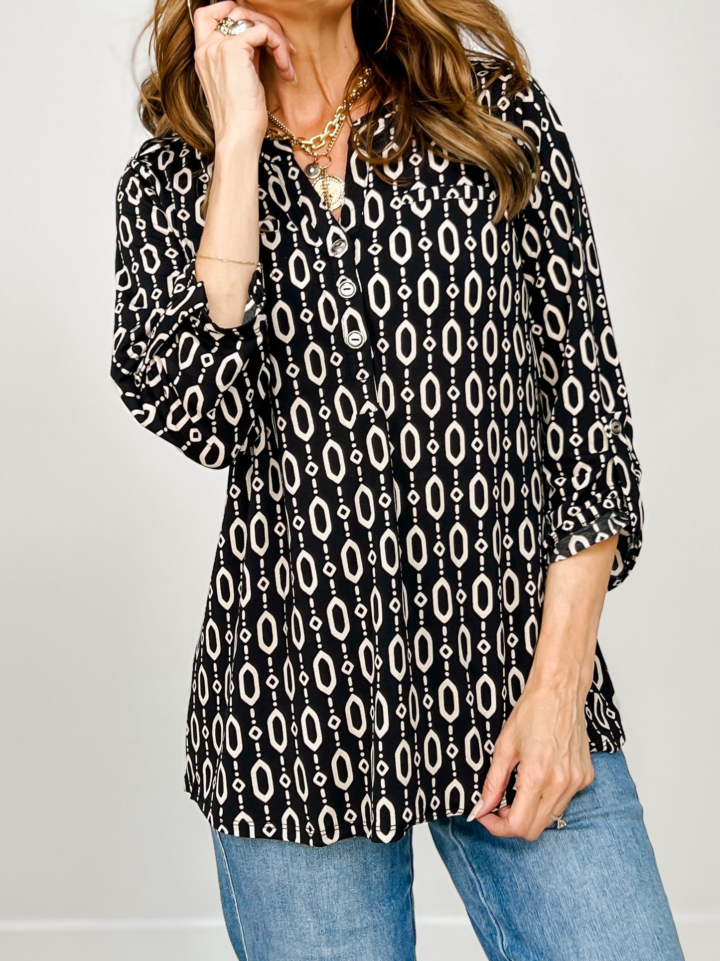 3/4 Sleeve Lizzy Top with 3-Button Neckline in Black Print