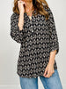 3/4 Sleeve Lizzy Top with 3-Button Neckline in Black Print