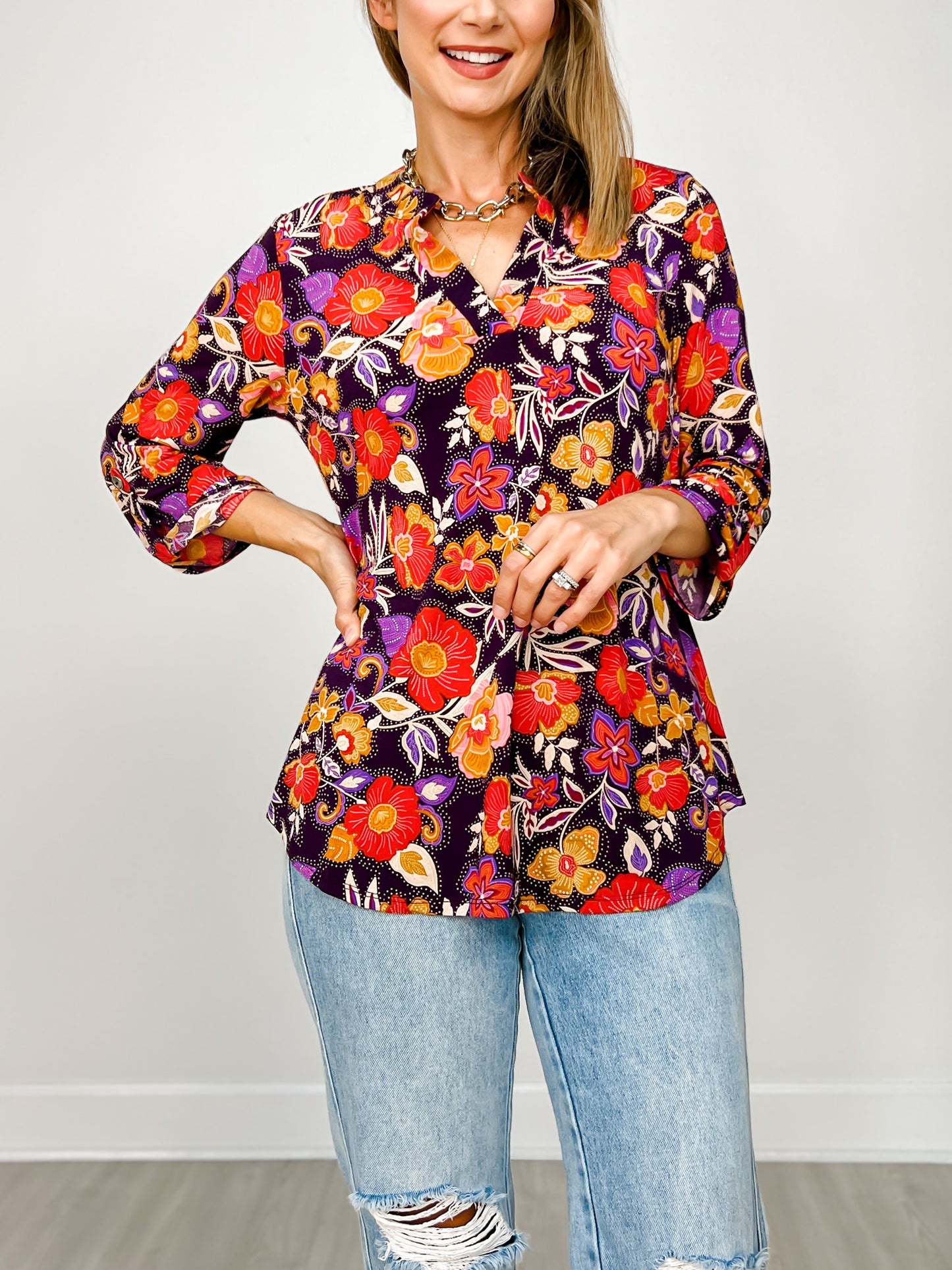 3/4 Sleeve Lizzy Top in Eggplant Floral Print