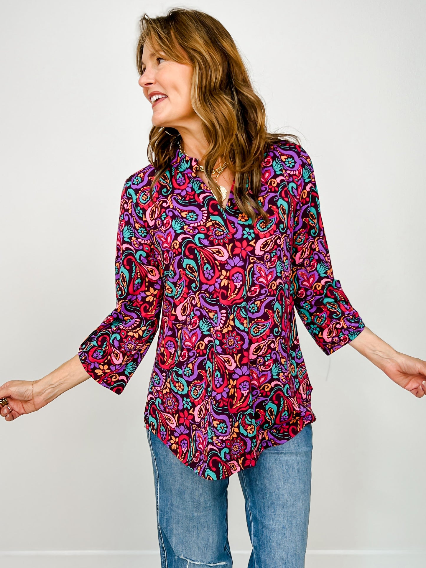 3/4 Sleeve Lizzy Top in Wine Floral Print