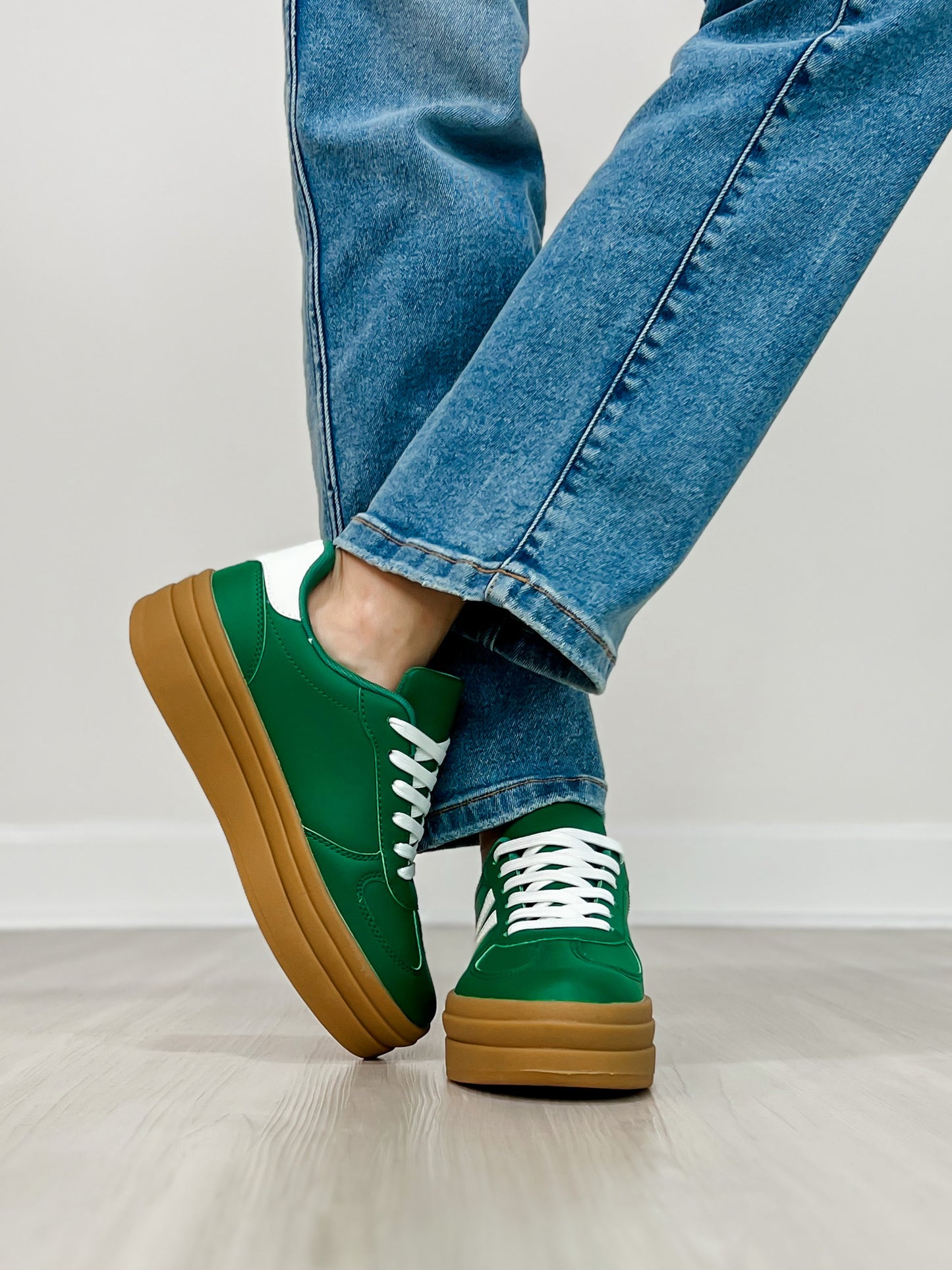 Semi Platform Double Stripe Low Sneakers in Green/White