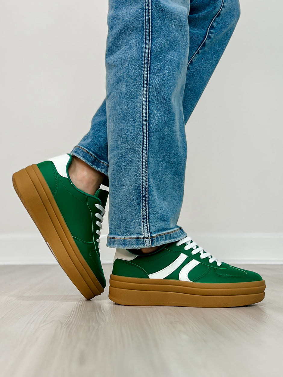 Semi Platform Double Stripe Low Sneakers in Green/White