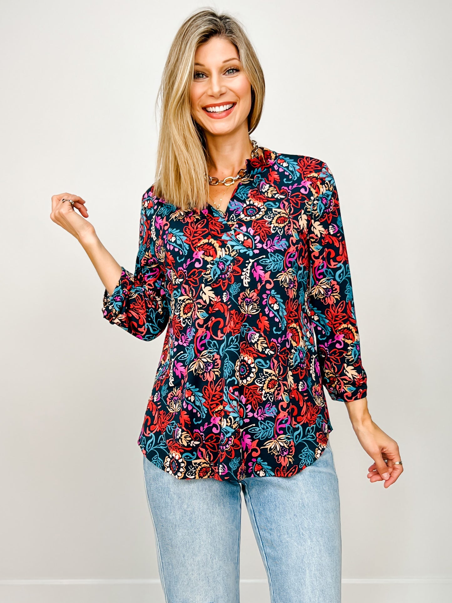 3/4 Sleeve Lizzy Top in Jewel Green Floral Print