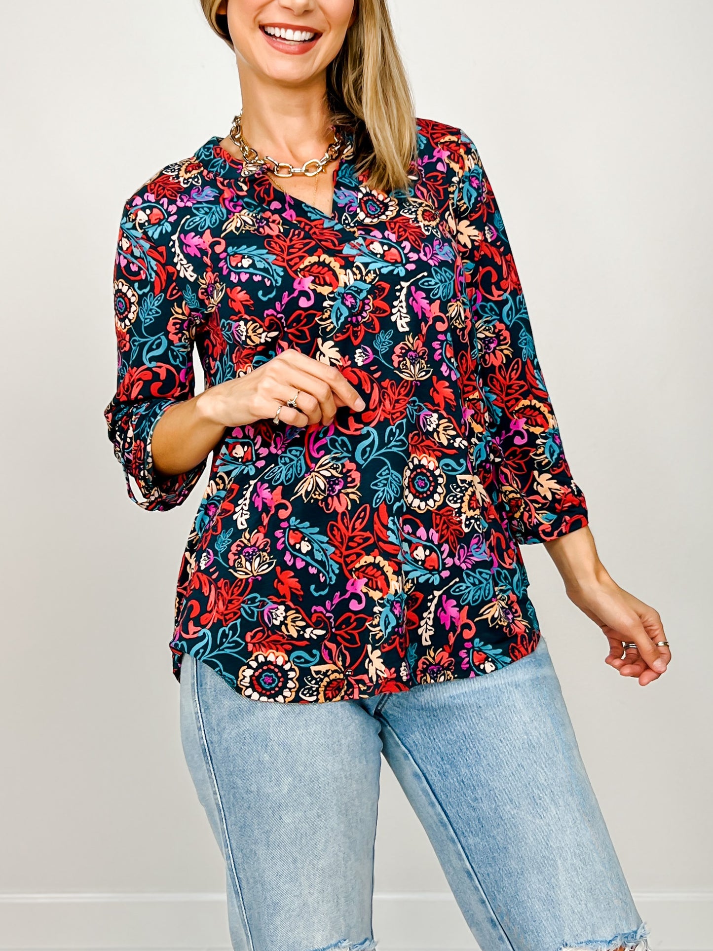 3/4 Sleeve Lizzy Top in Jewel Green Floral Print