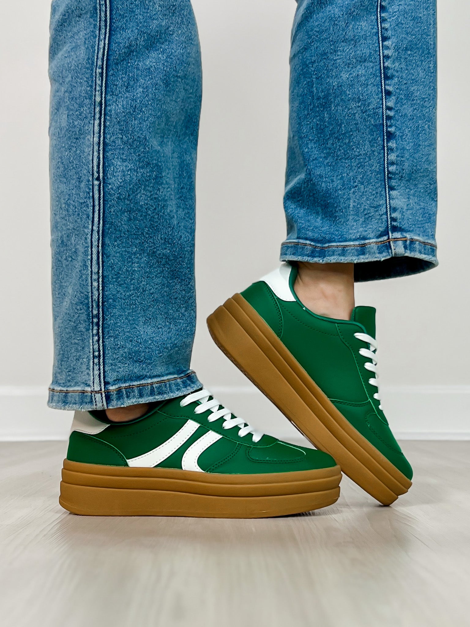 Semi Platform Double Stripe Low Sneakers in Green/White