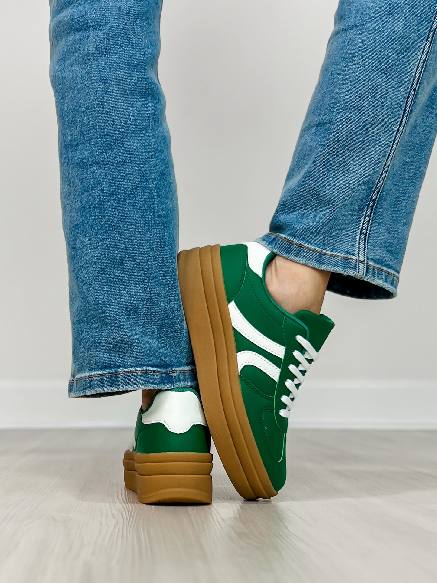 Semi Platform Double Stripe Low Sneakers in Green/White