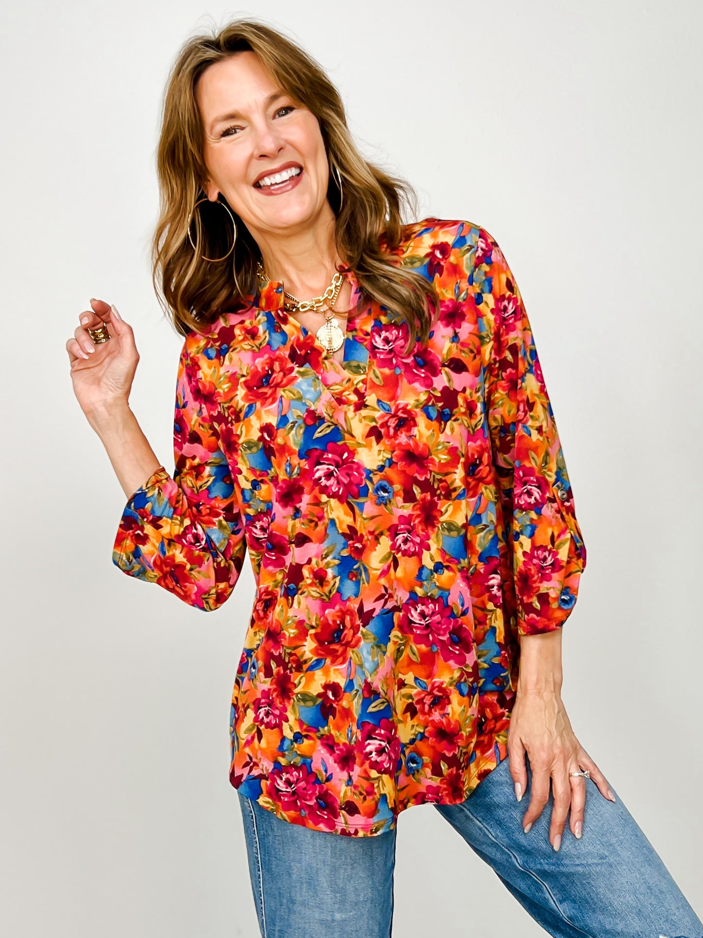 3/4 Sleeve Lizzy Top in Multi-Color Floral Print