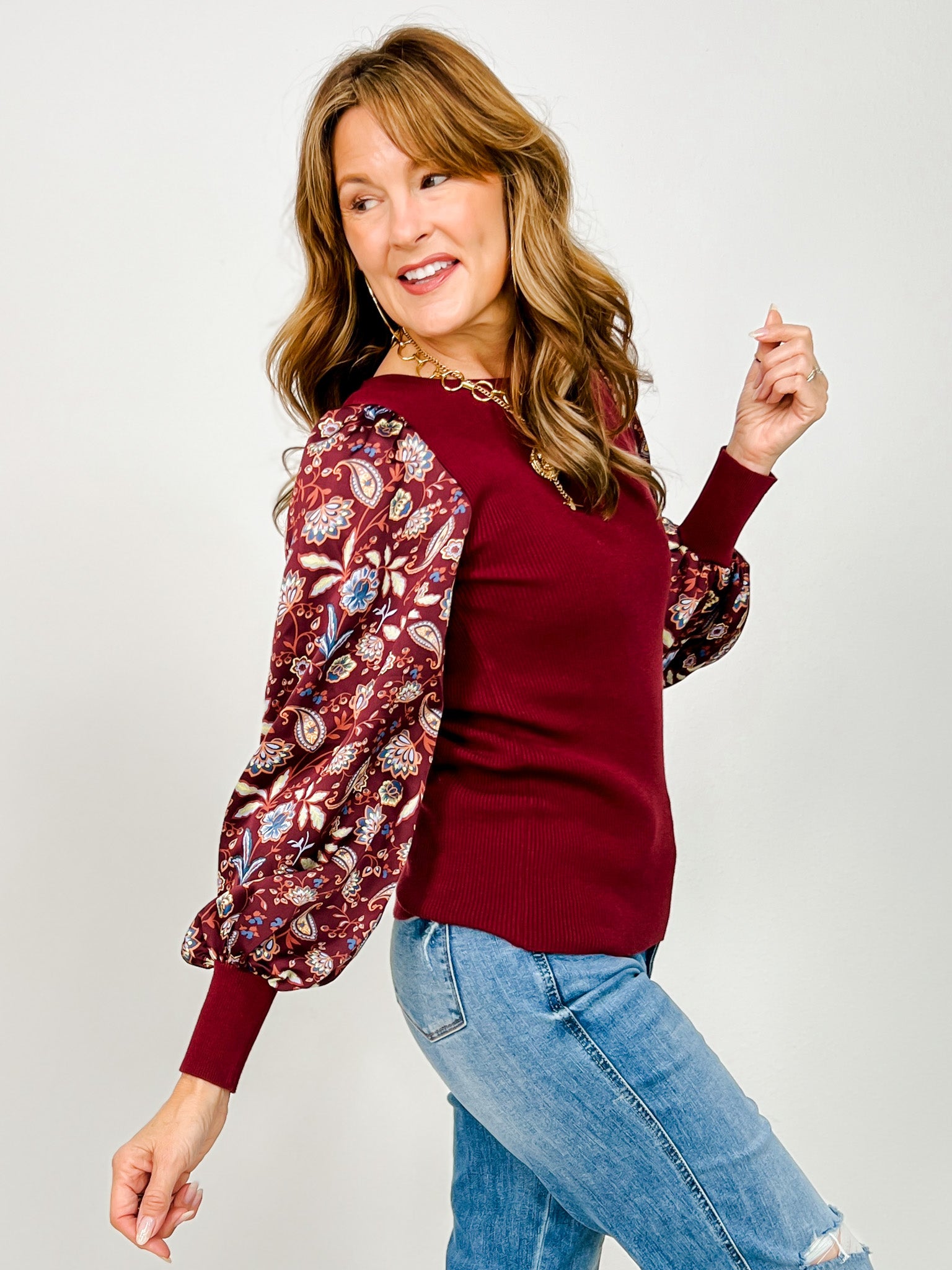 Ribbed Sweater Top With Floral Balloon Sleeves