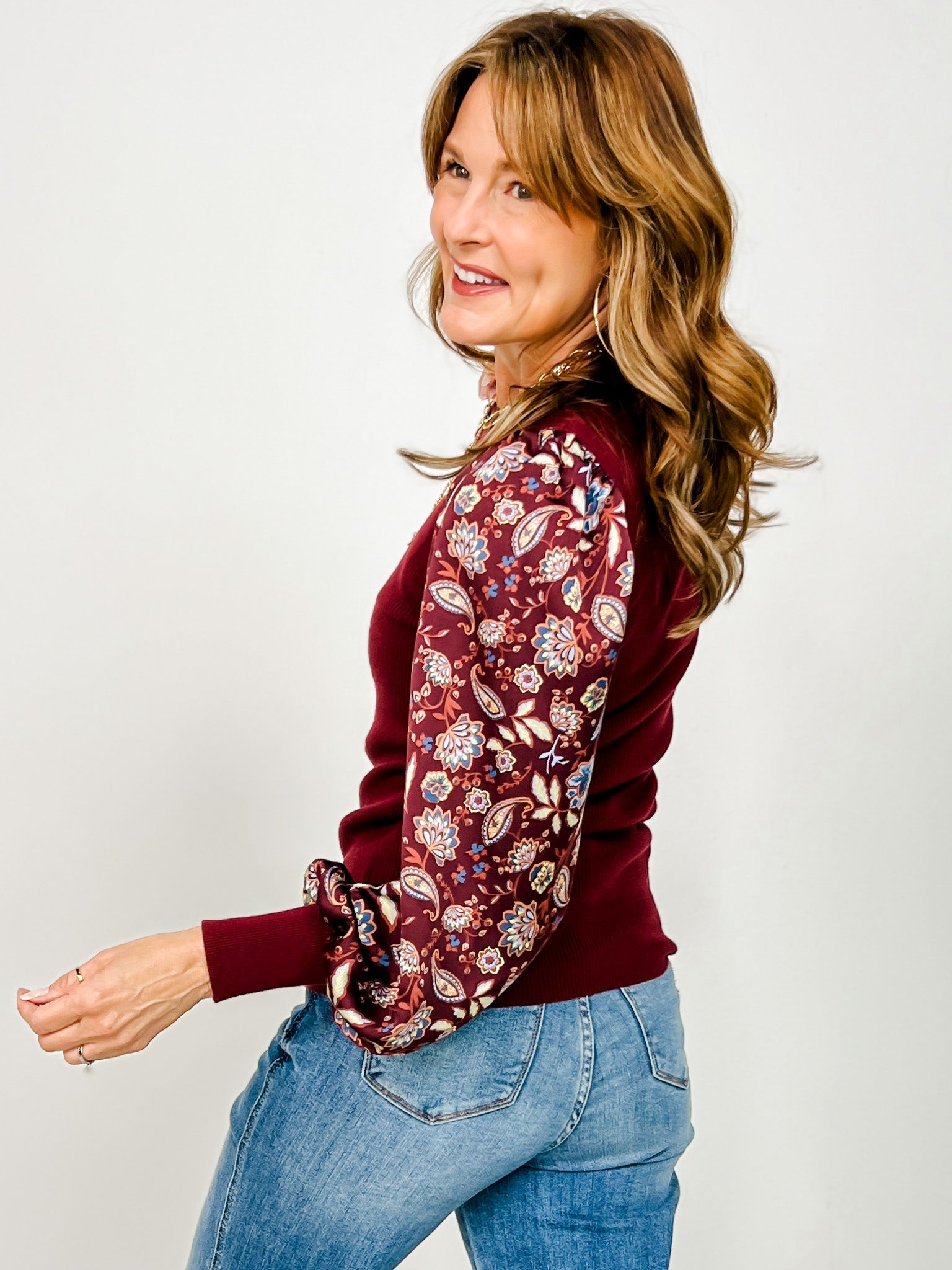 Ribbed Sweater Top With Floral Balloon Sleeves