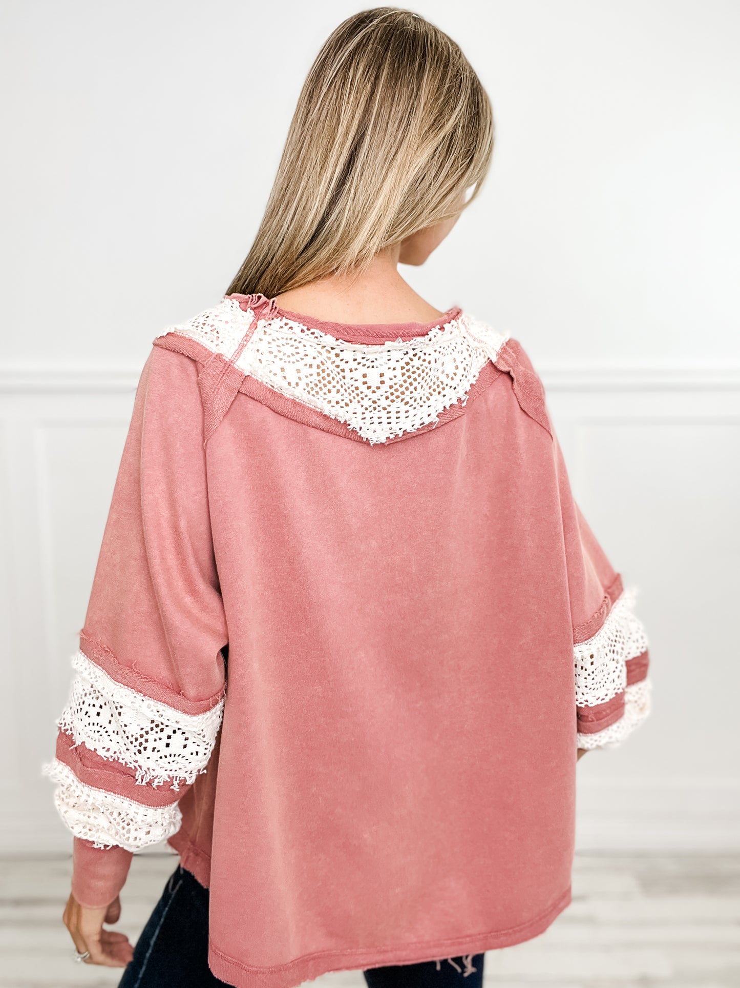 Long Sleeve Solid Knit Top with Lace Yoke Detail