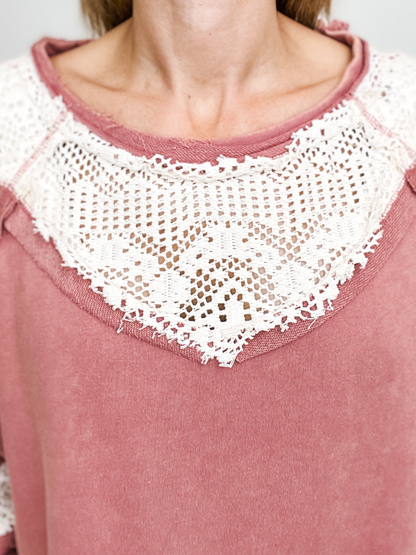 Long Sleeve Solid Knit Top with Lace Yoke Detail