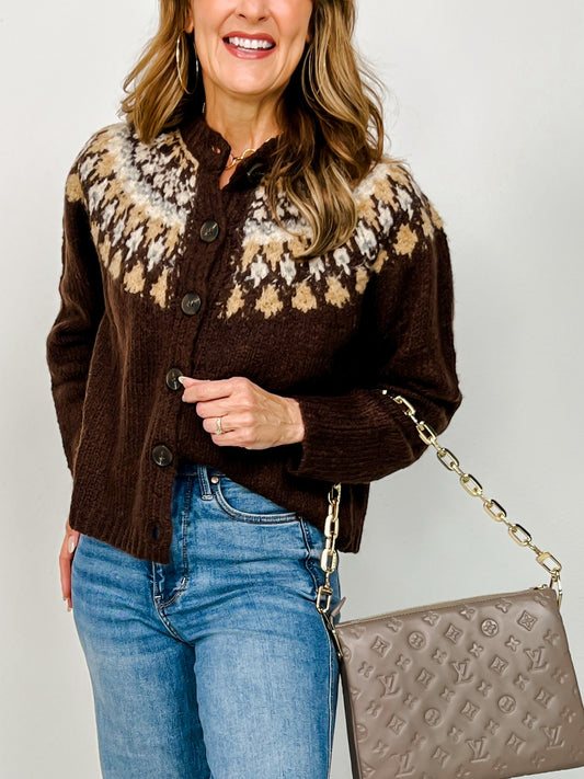 Fair Isle Pattern Long Sleeve Knit Cardigan