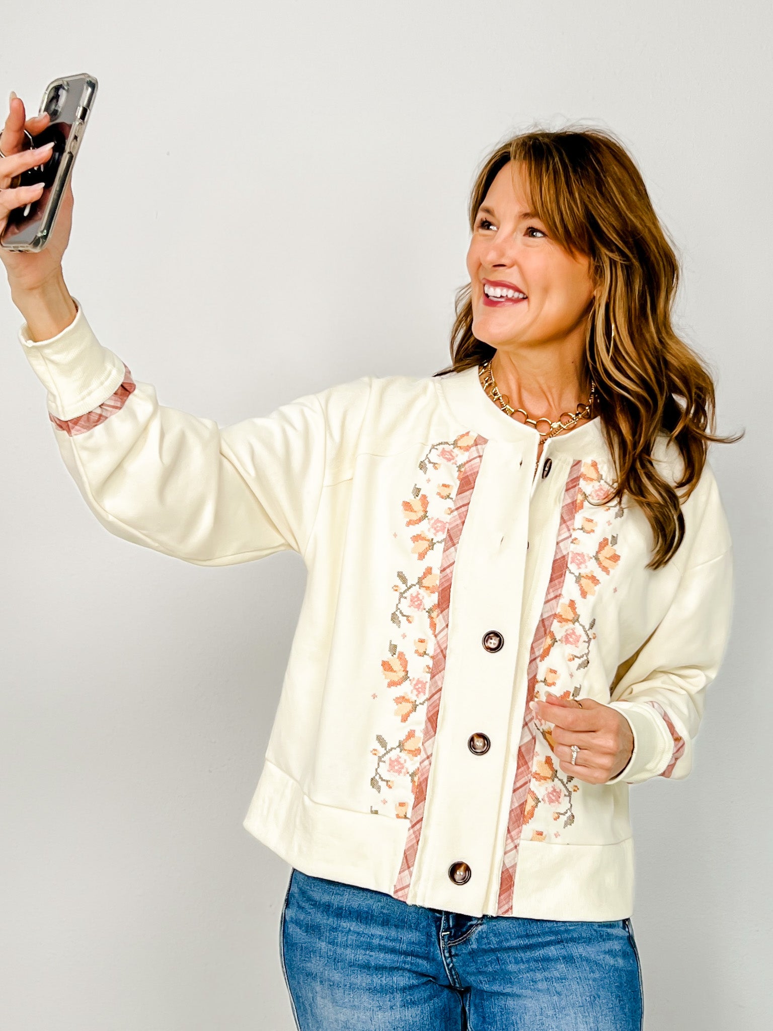 Floral Embroidered Button Up Long Sleeve Sweatshirt