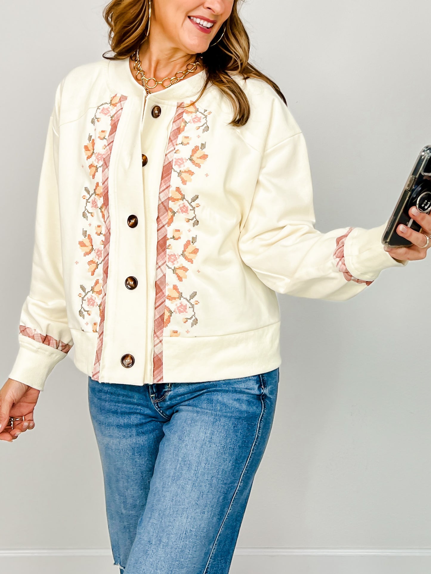 Floral Embroidered Button Up Long Sleeve Sweatshirt