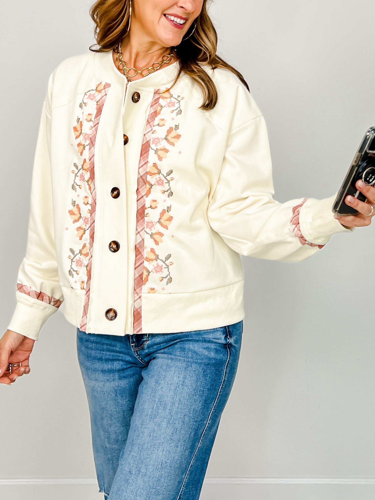 Floral Embroidered Button Up Long Sleeve Sweatshirt