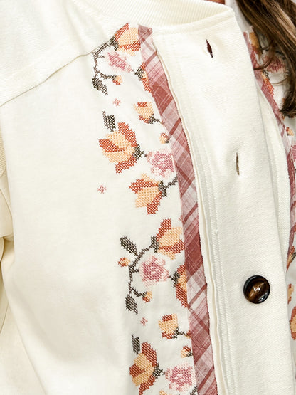 Floral Embroidered Button Up Long Sleeve Sweatshirt