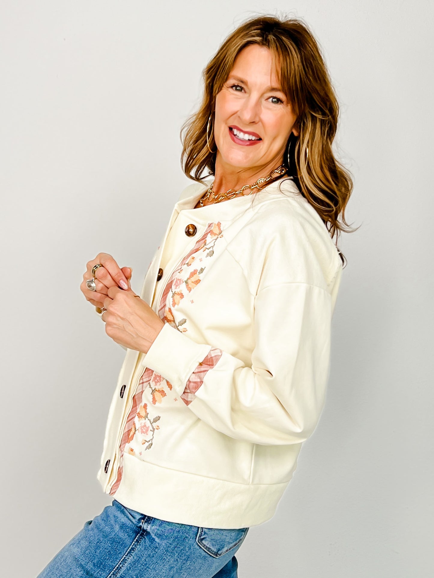 Floral Embroidered Button Up Long Sleeve Sweatshirt