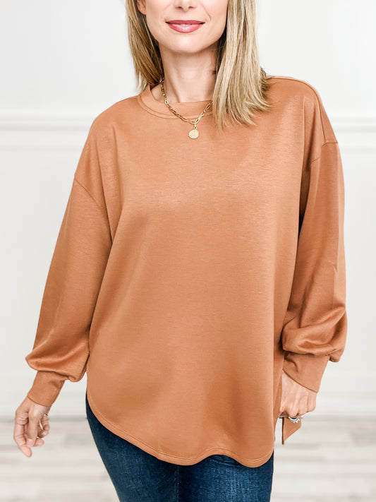 Long Sleeve Solid Knit Top with Hi-Lo Hem