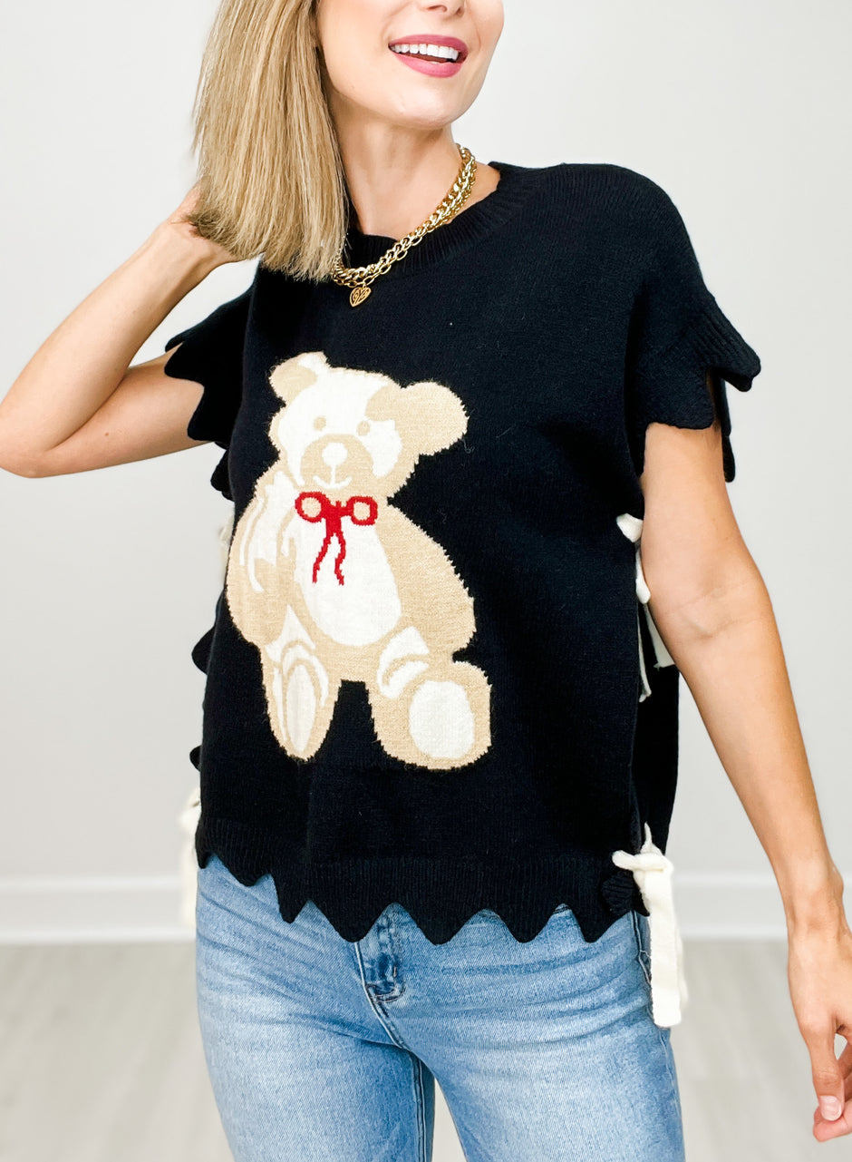 Sleeveless Teddy Bear Sweater Top With Side Ties and Scallop Detail
