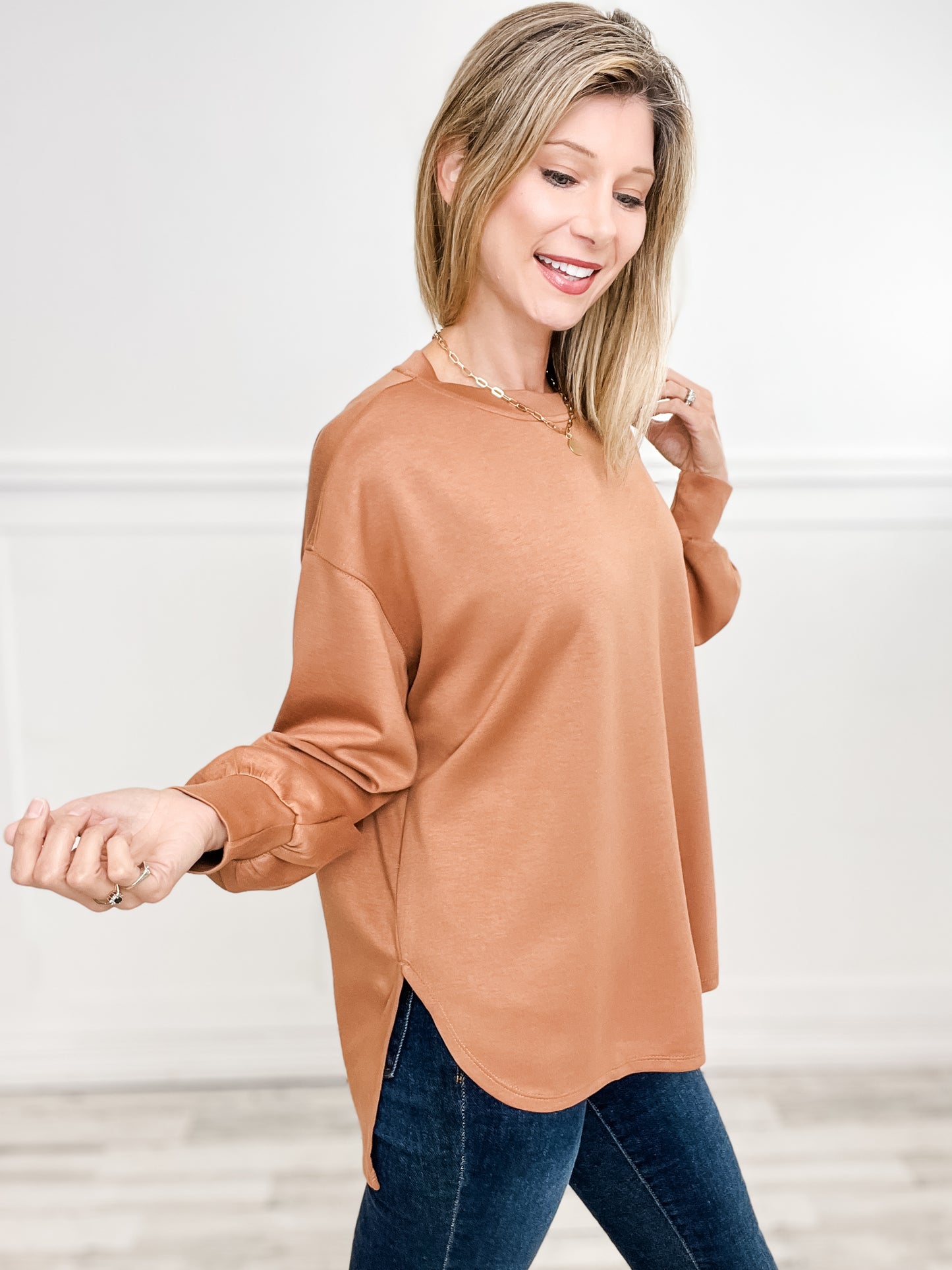 Long Sleeve Solid Knit Top with Hi-Lo Hem