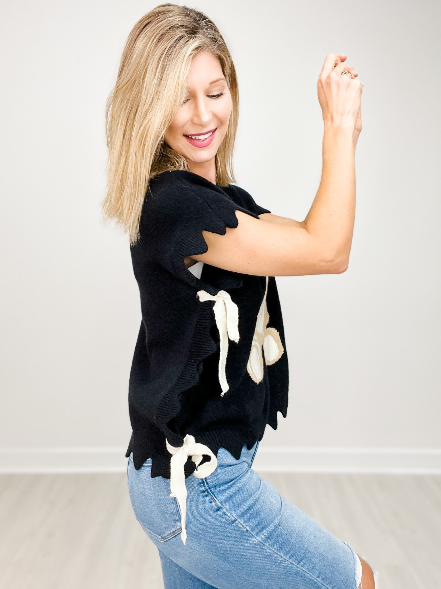 Sleeveless Teddy Bear Sweater Top With Side Ties and Scallop Detail