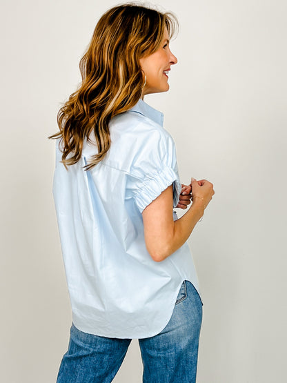 Cap Sleeve Collared Button Front Top with Crystals