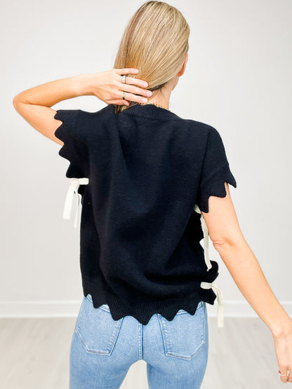 Sleeveless Teddy Bear Sweater Top With Side Ties and Scallop Detail