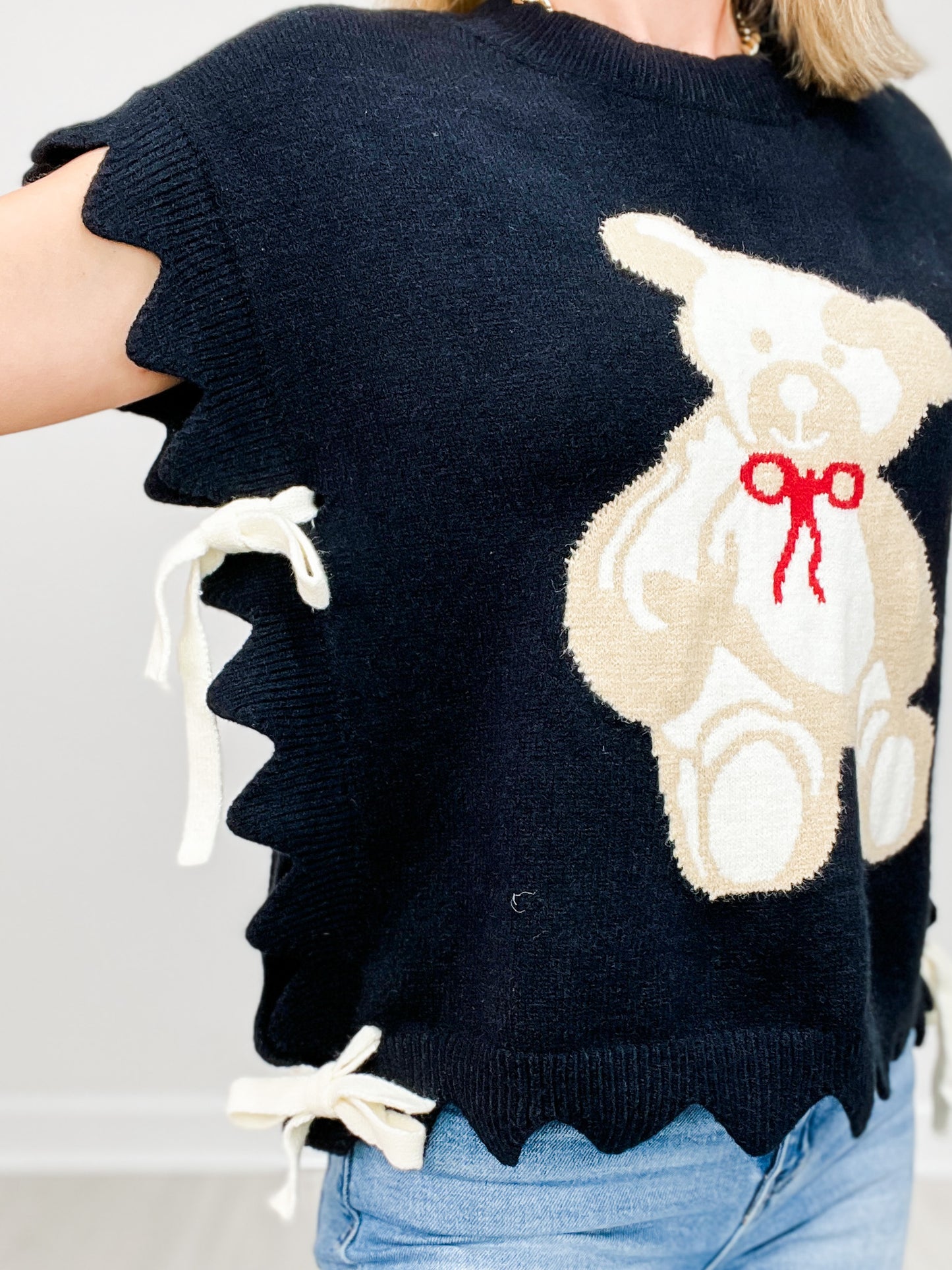 Sleeveless Teddy Bear Sweater Top With Side Ties and Scallop Detail