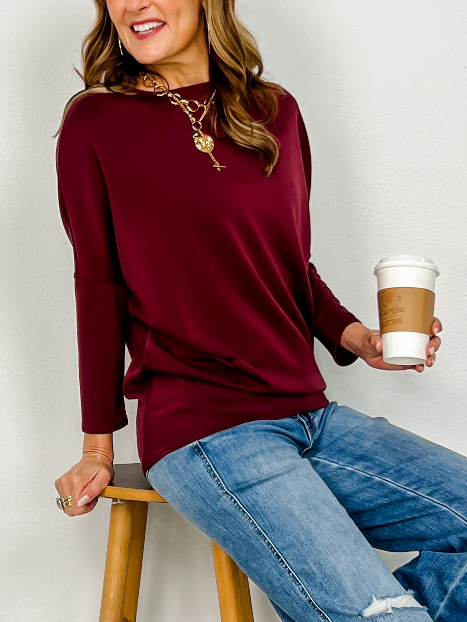 Long Sleeve Scuba Fabric Dolman Sleeve Top