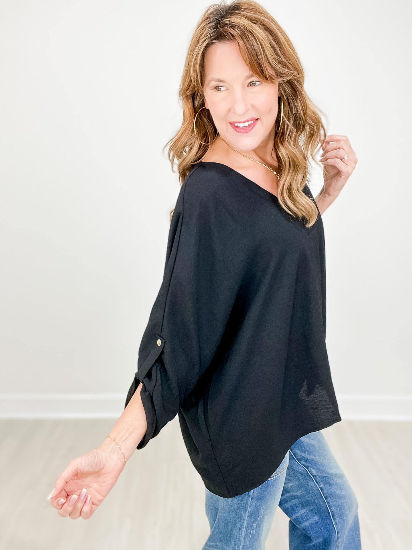 V-Neck Half Sleeve Top with Button Detail Sleeves