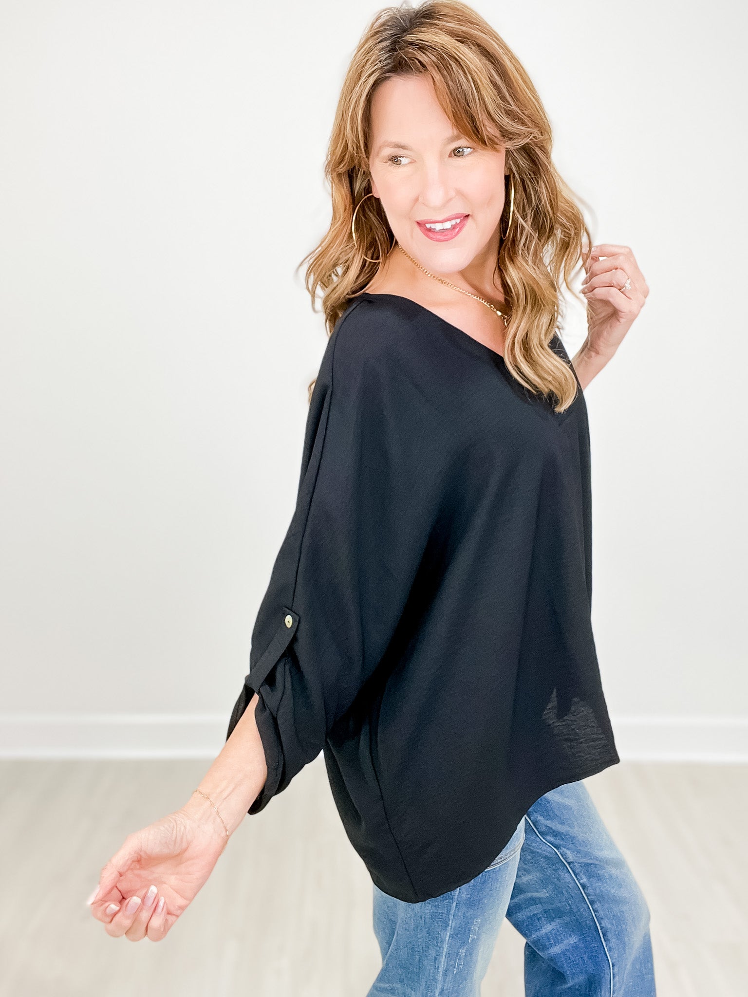 V-Neck Half Sleeve Top with Button Detail Sleeves