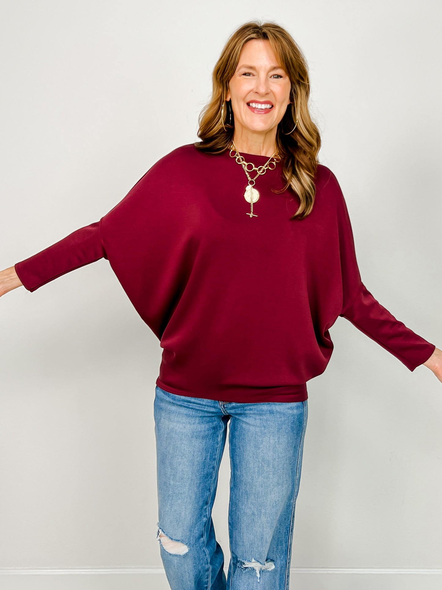 Long Sleeve Scuba Fabric Dolman Sleeve Top