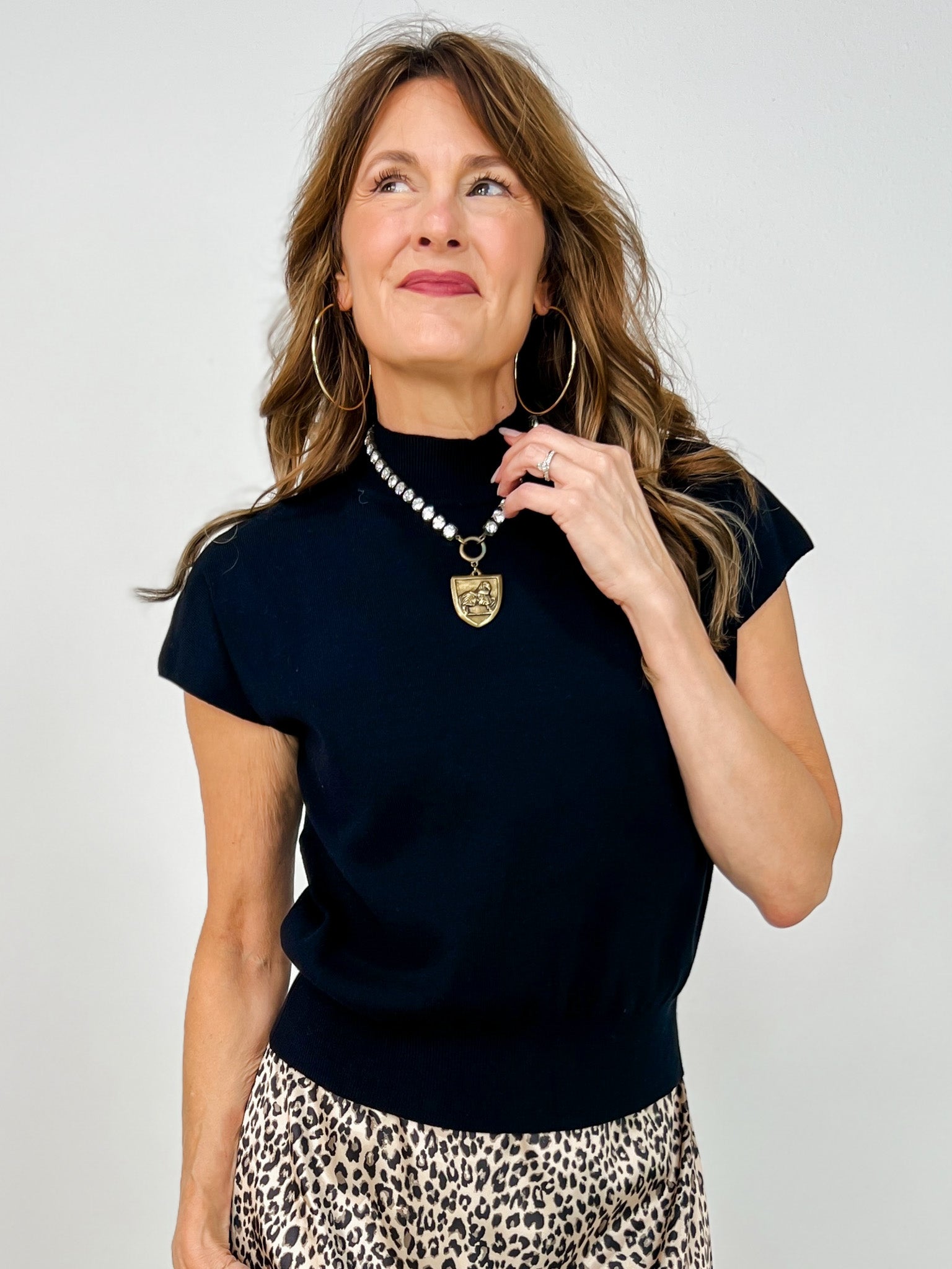 Relaxed Fit Mock Neck Cap Sleeve Top
