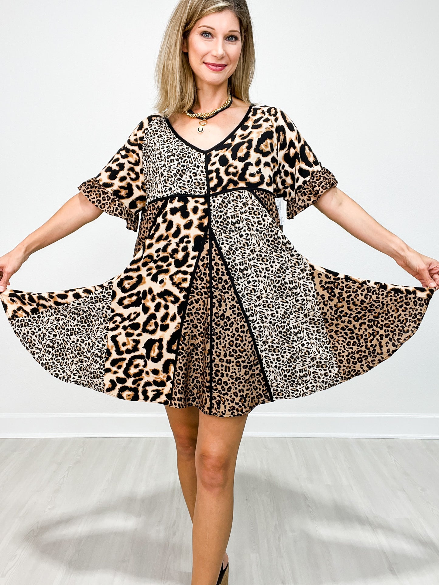 Leopard Print Contrast Pattern Short Sleeve Dress