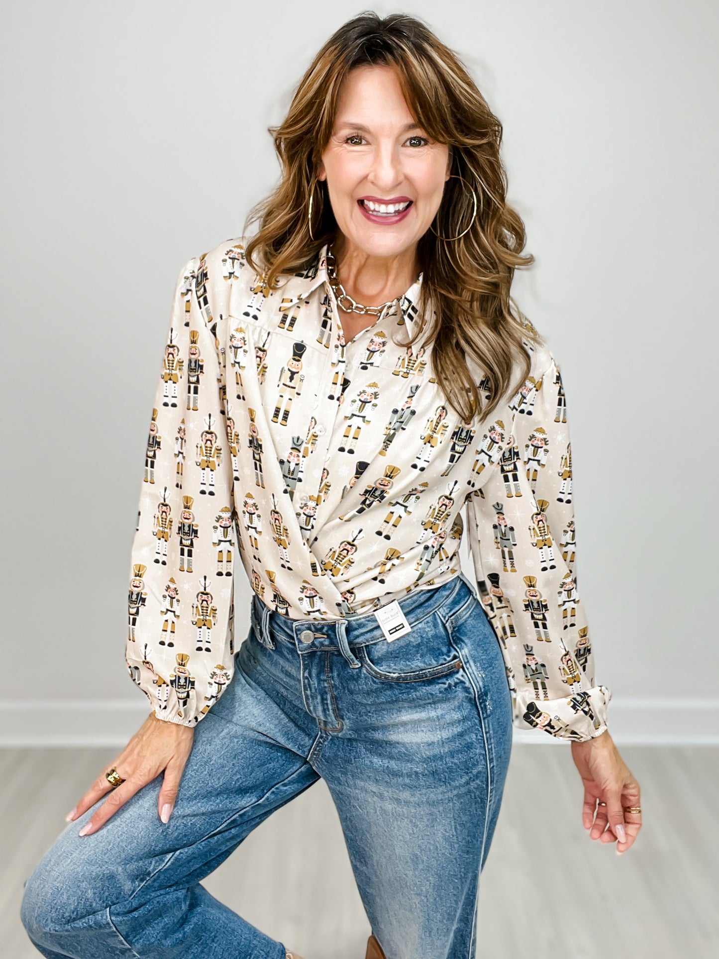 Long Sleeve Button Down Collared Nutcracker Top