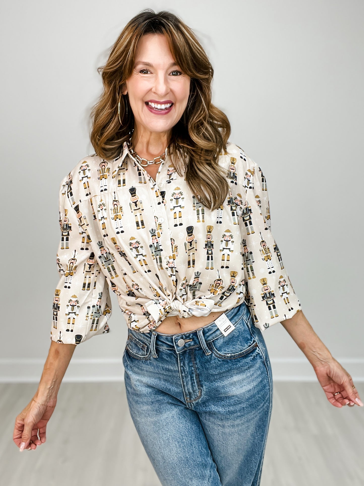 Long Sleeve Button Down Collared Nutcracker Top