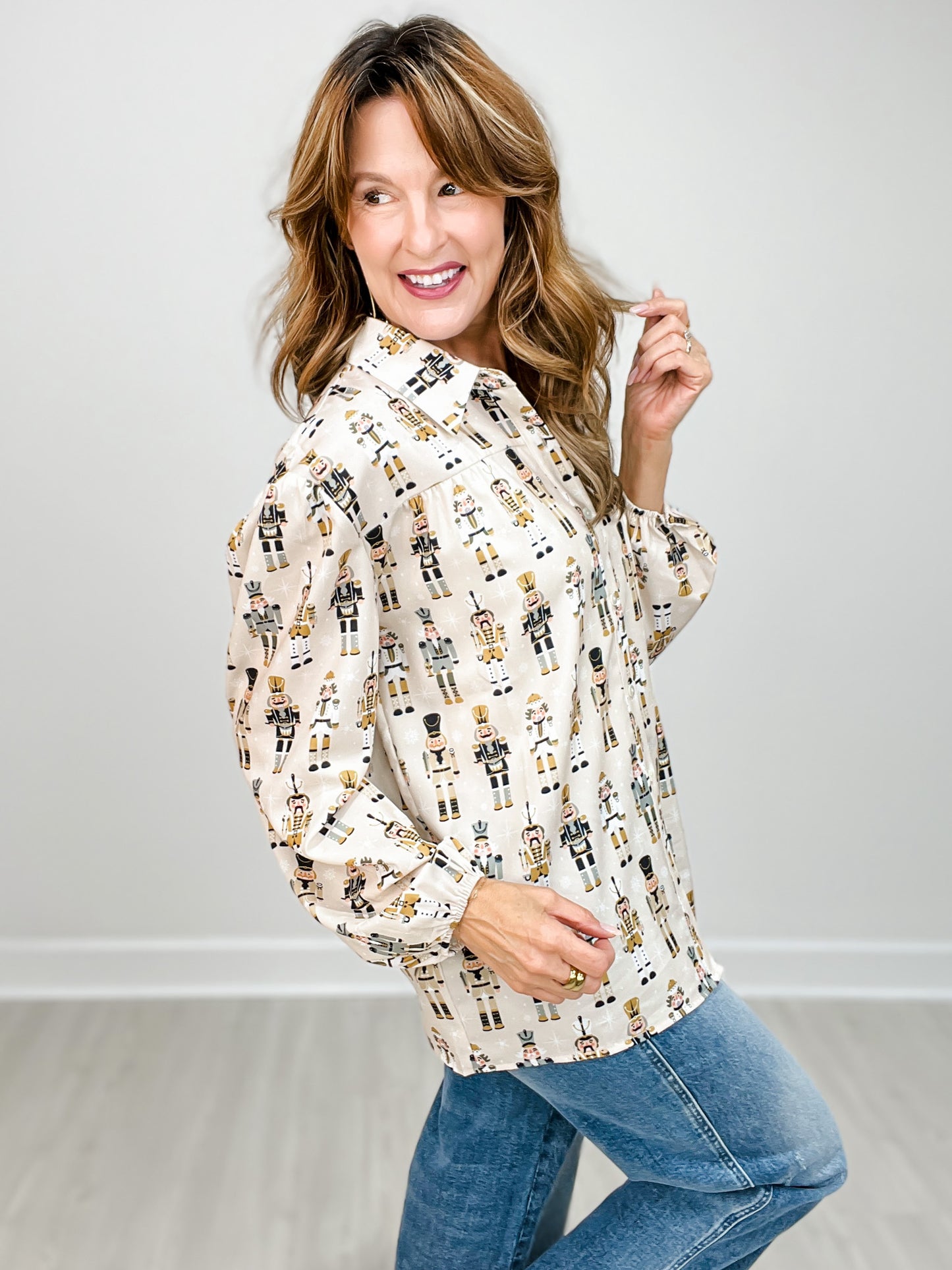 Long Sleeve Button Down Collared Nutcracker Top