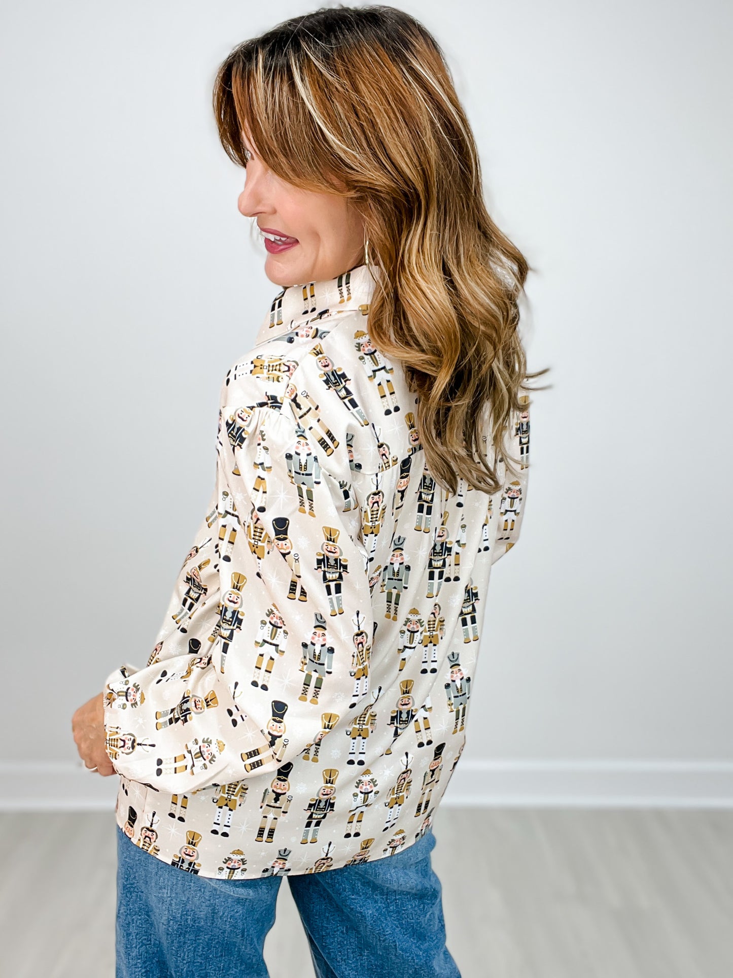 Long Sleeve Button Down Collared Nutcracker Top