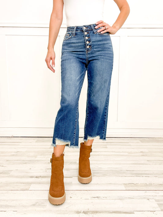 Judy Blue ROXANNE Hi-Rise Button Fly Distressed Hem Cropped Wide Leg Jeans