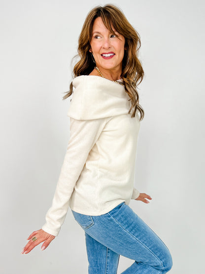 Fold Over Neckline Long Sleeve Knit Sweater Top