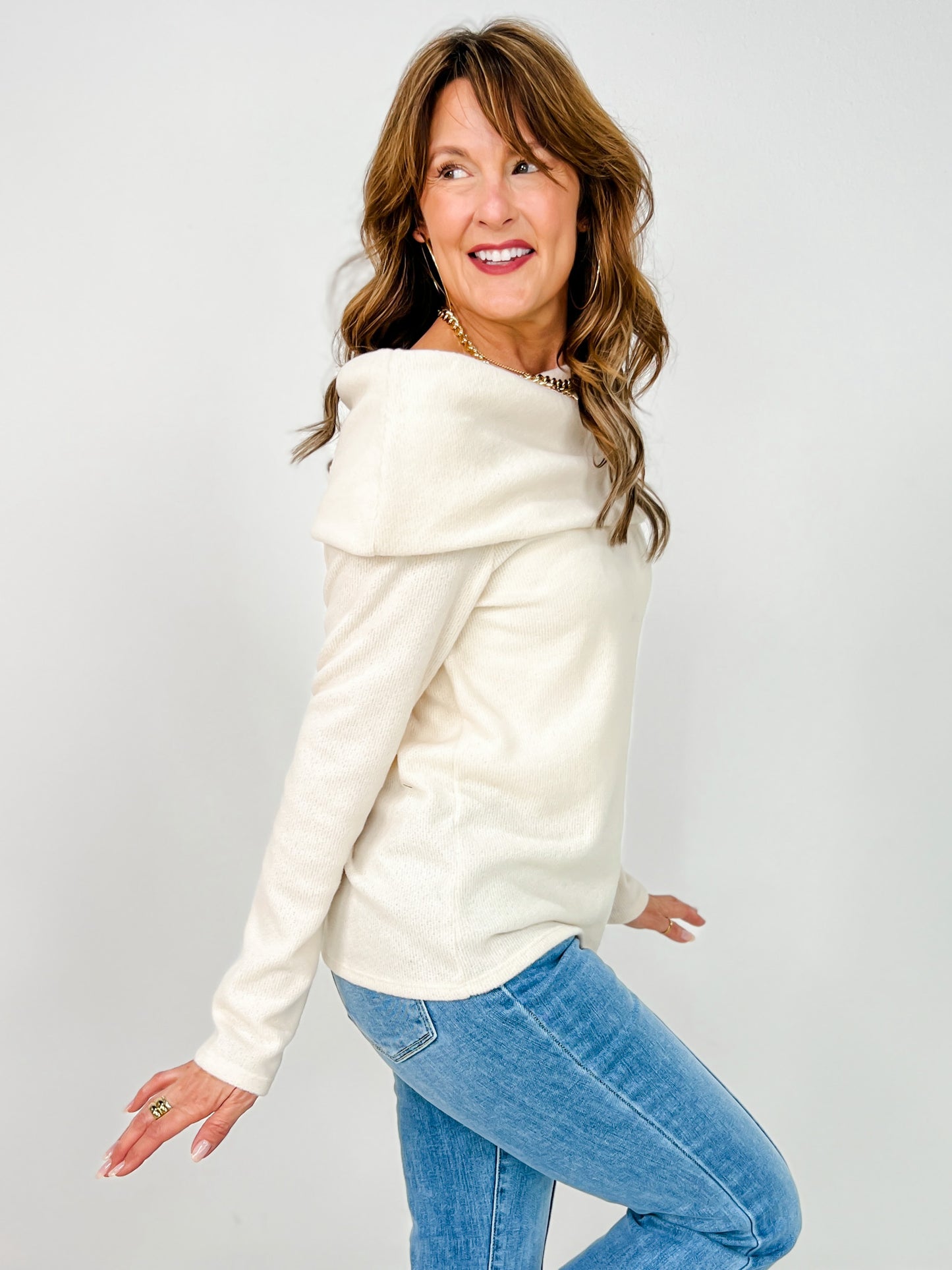 Fold Over Neckline Long Sleeve Knit Sweater Top