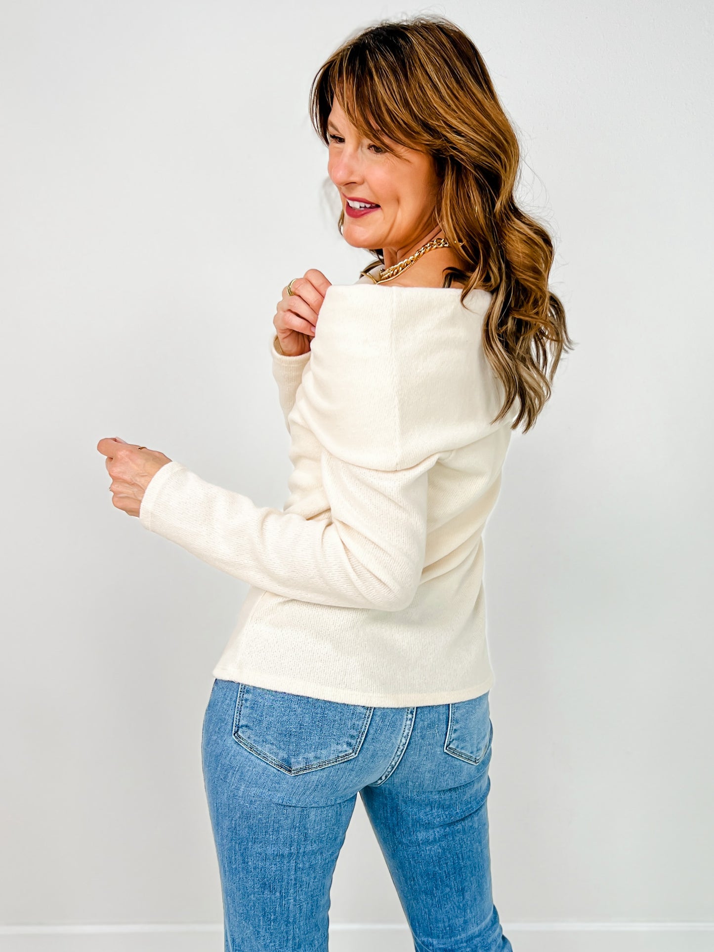 Fold Over Neckline Long Sleeve Knit Sweater Top