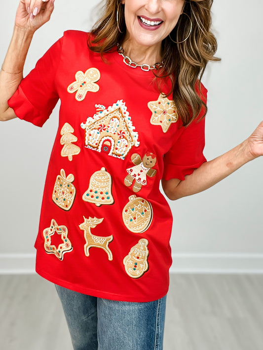 Festive Short Sleeve Embroidered Cookie Top
