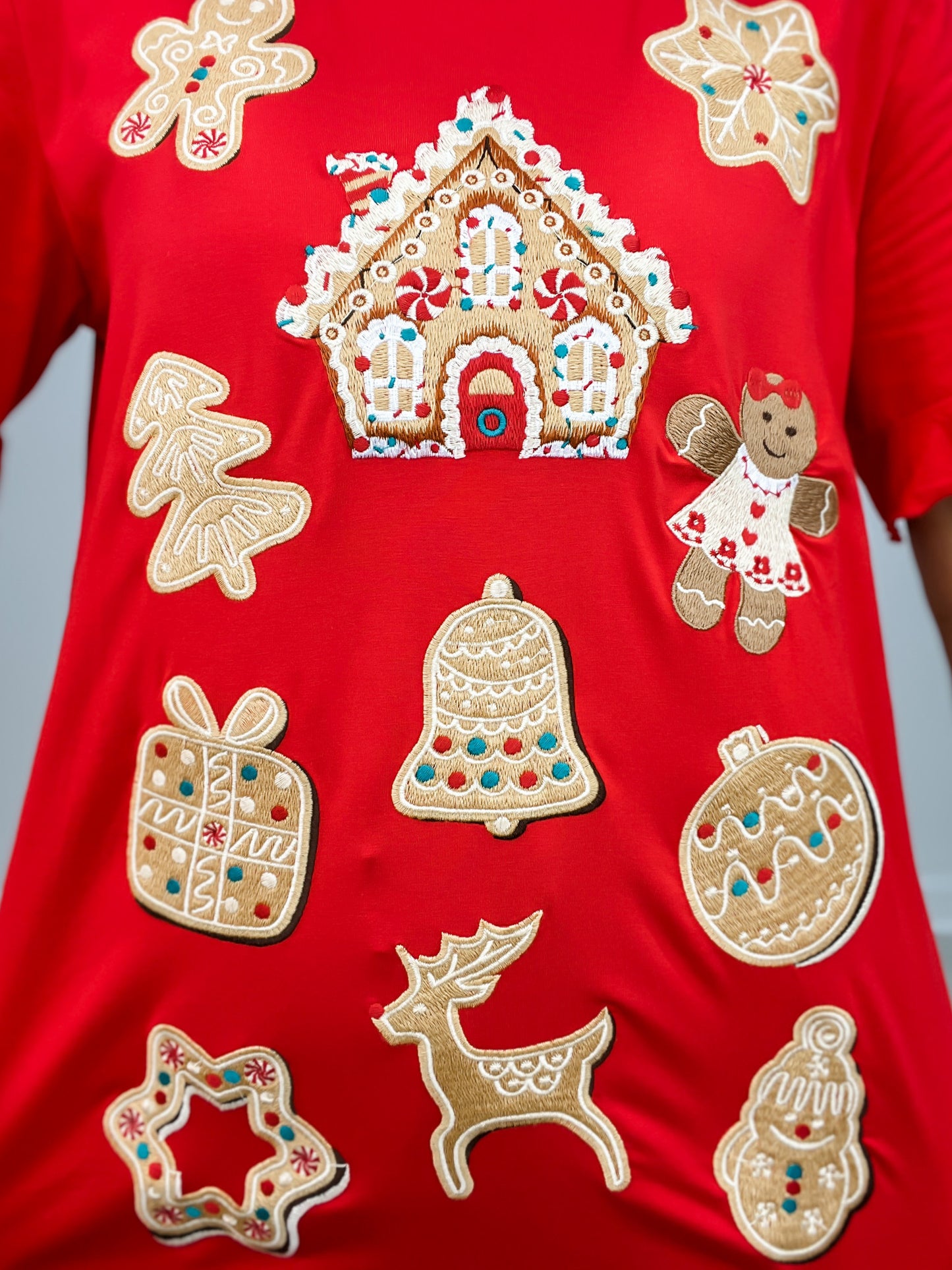 Festive Short Sleeve Embroidered Cookie Top